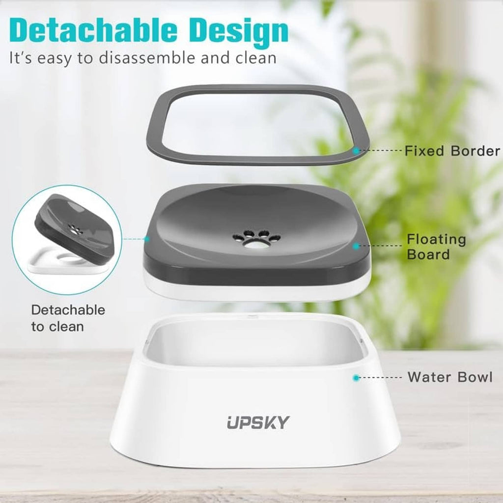 White pet water bowl shown with detachable top, floating board, and water basin.