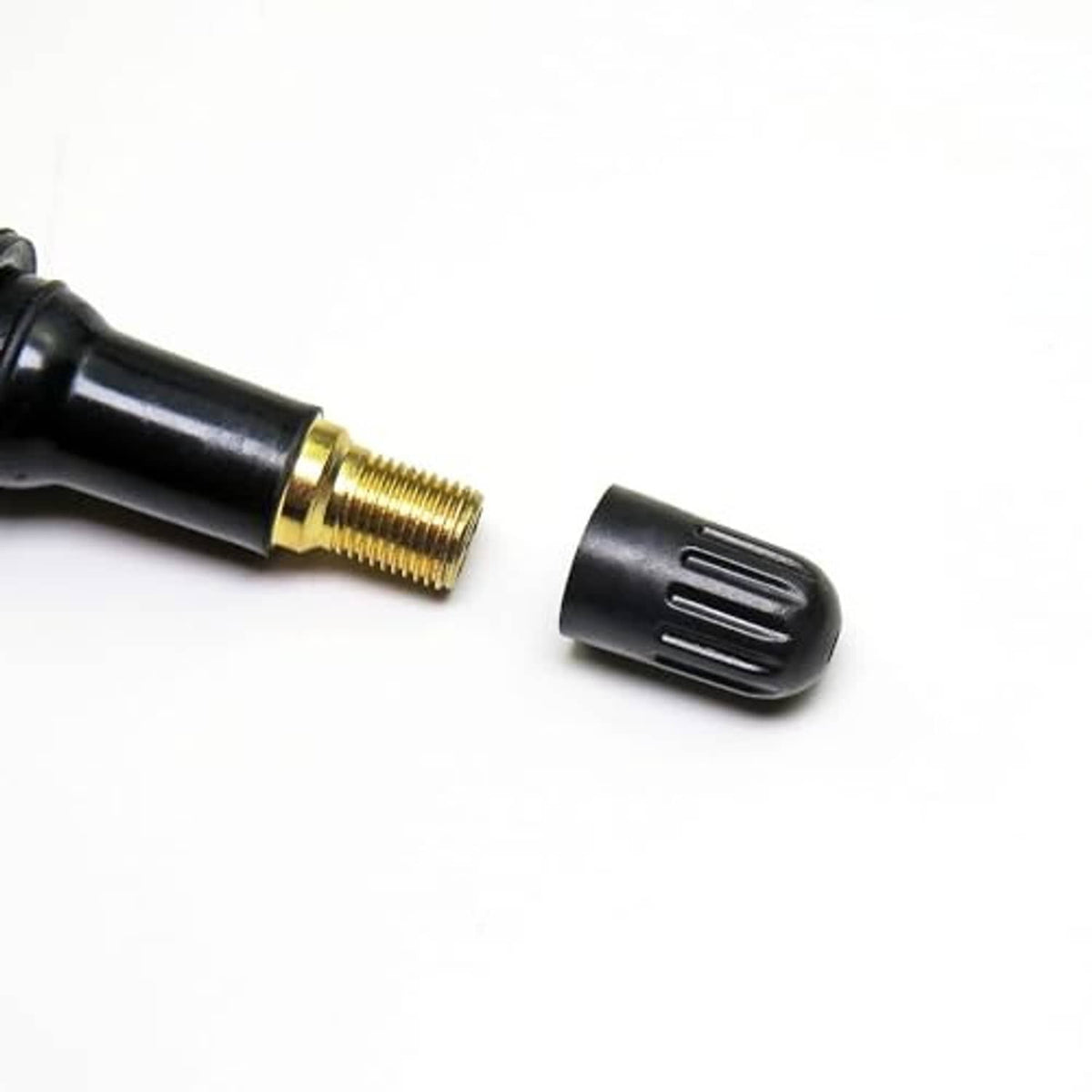 Black long tire valve stem cap with metal valve thread and protective top