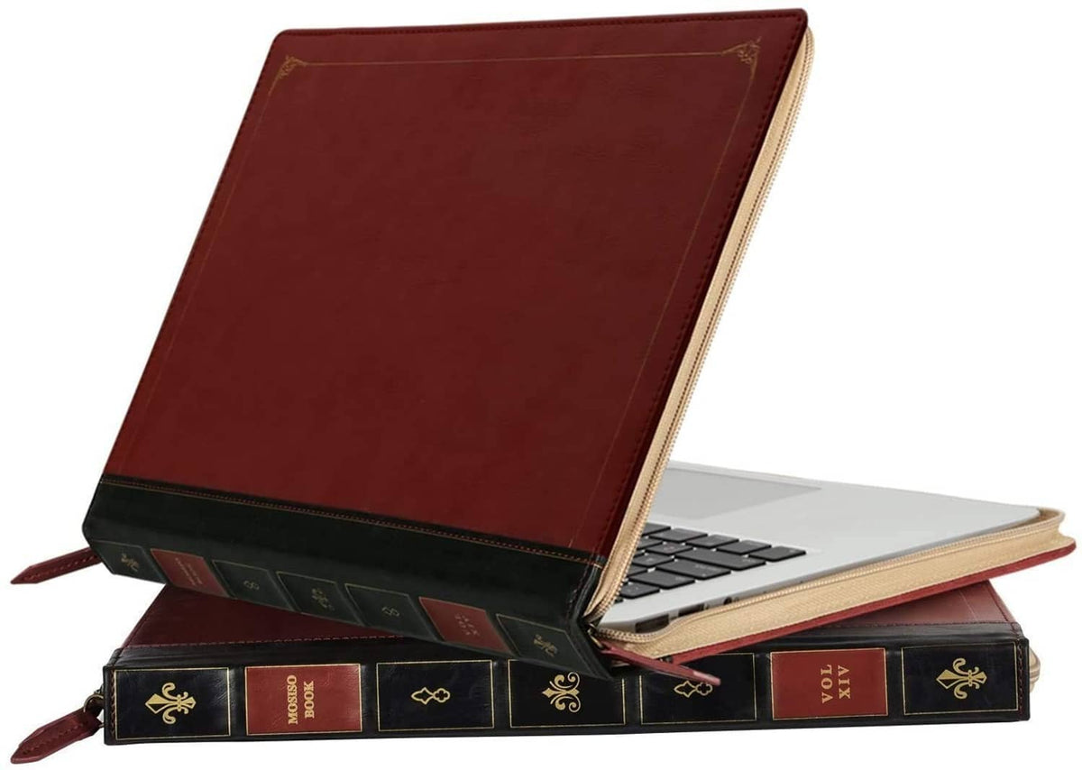 MOSISO wine red folio case open, showing keyboard and stack of book-like spine panels