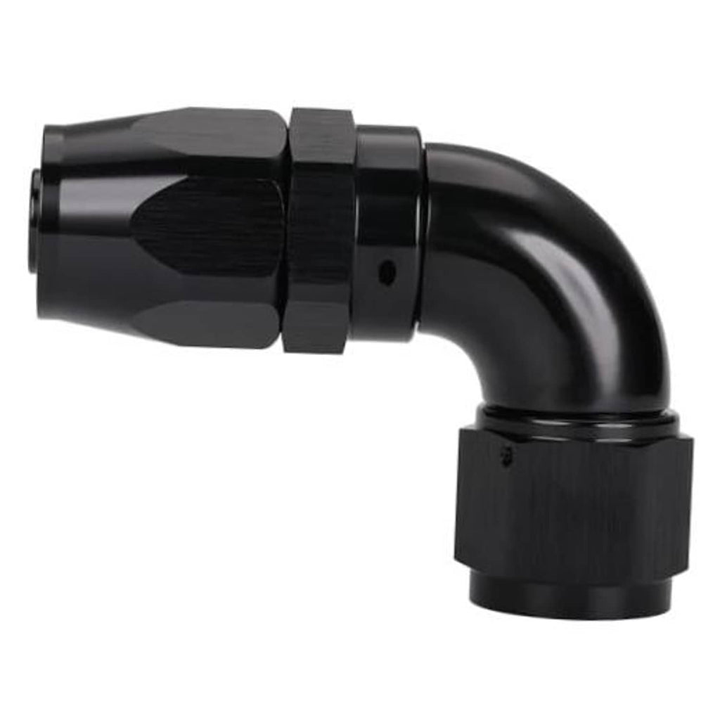 Black 90-degree swivel hose end fitting, 10AN, with smooth swivel nut and female end