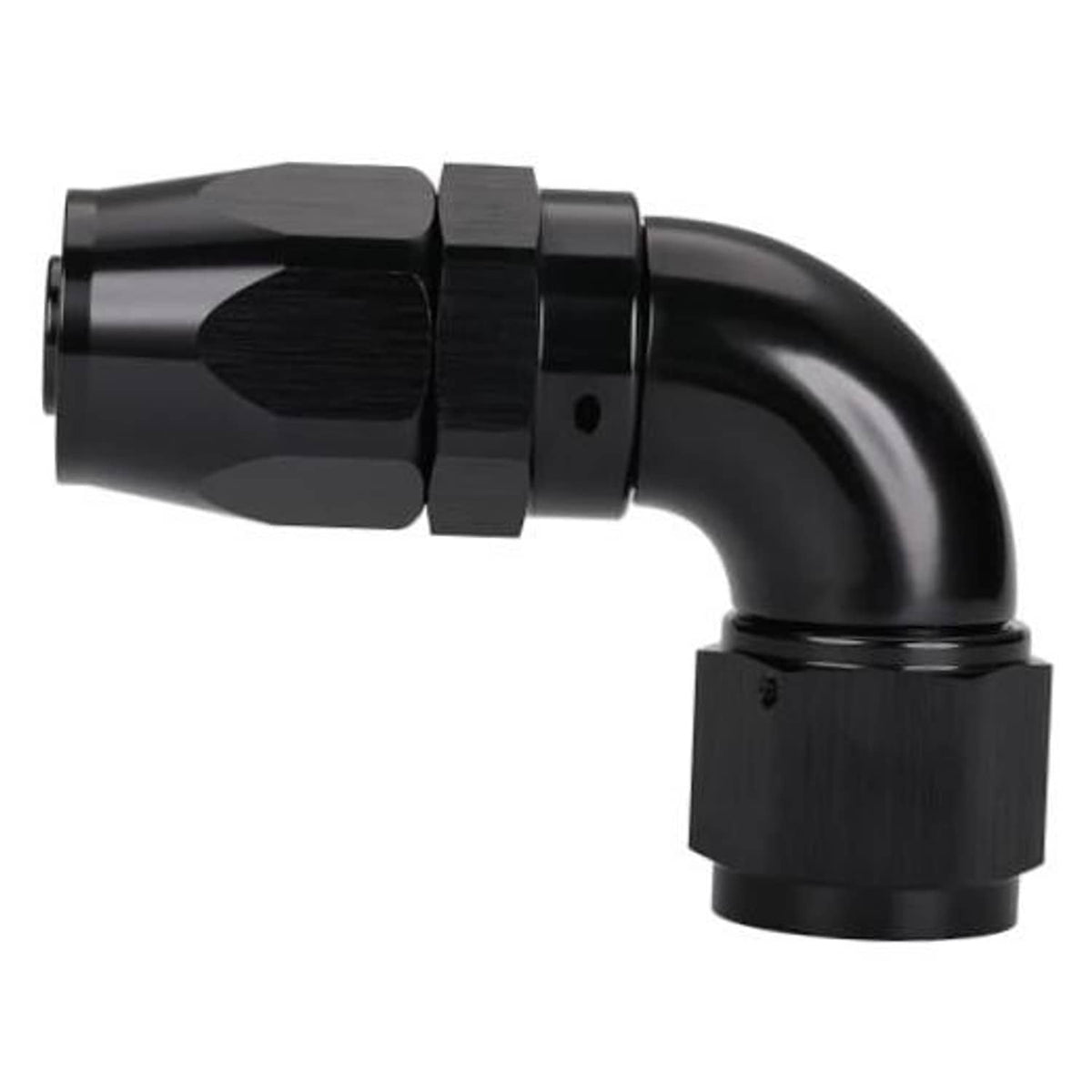 Black 90-degree swivel hose end fitting, 10AN, with smooth swivel nut and female end