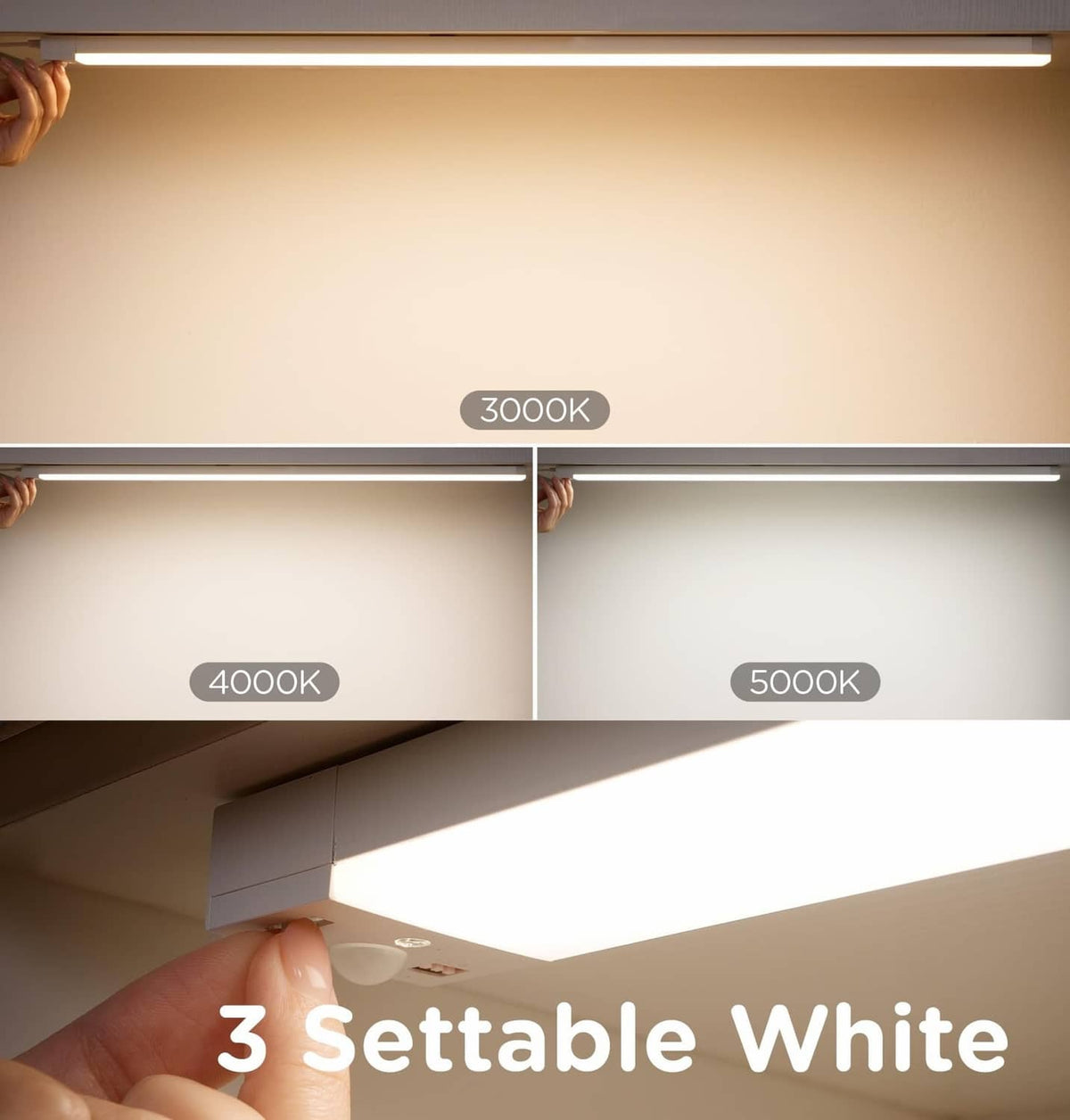 Under-cabinet LED light bar with selectable 3000K, 4000K, and 5000K settings