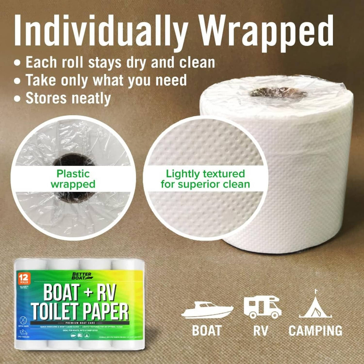 Individually wrapped white toilet paper rolls, lightly textured for cleaning