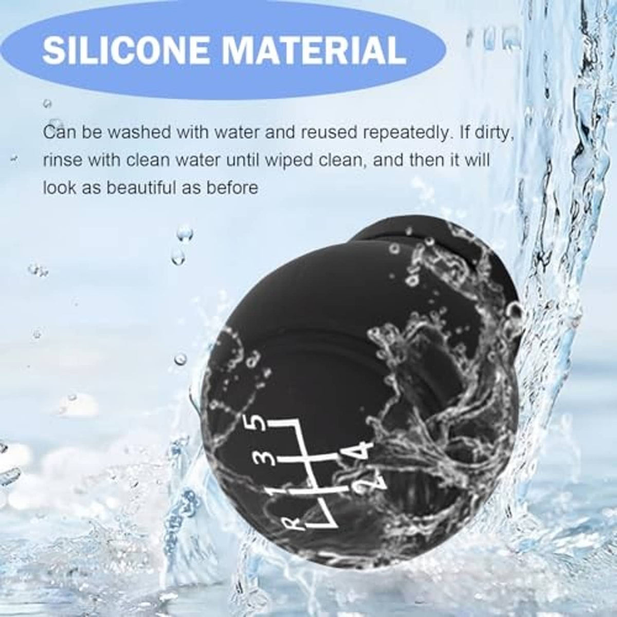 Round black silicone gear shift knob cover with water-splash protection, R–5 markings