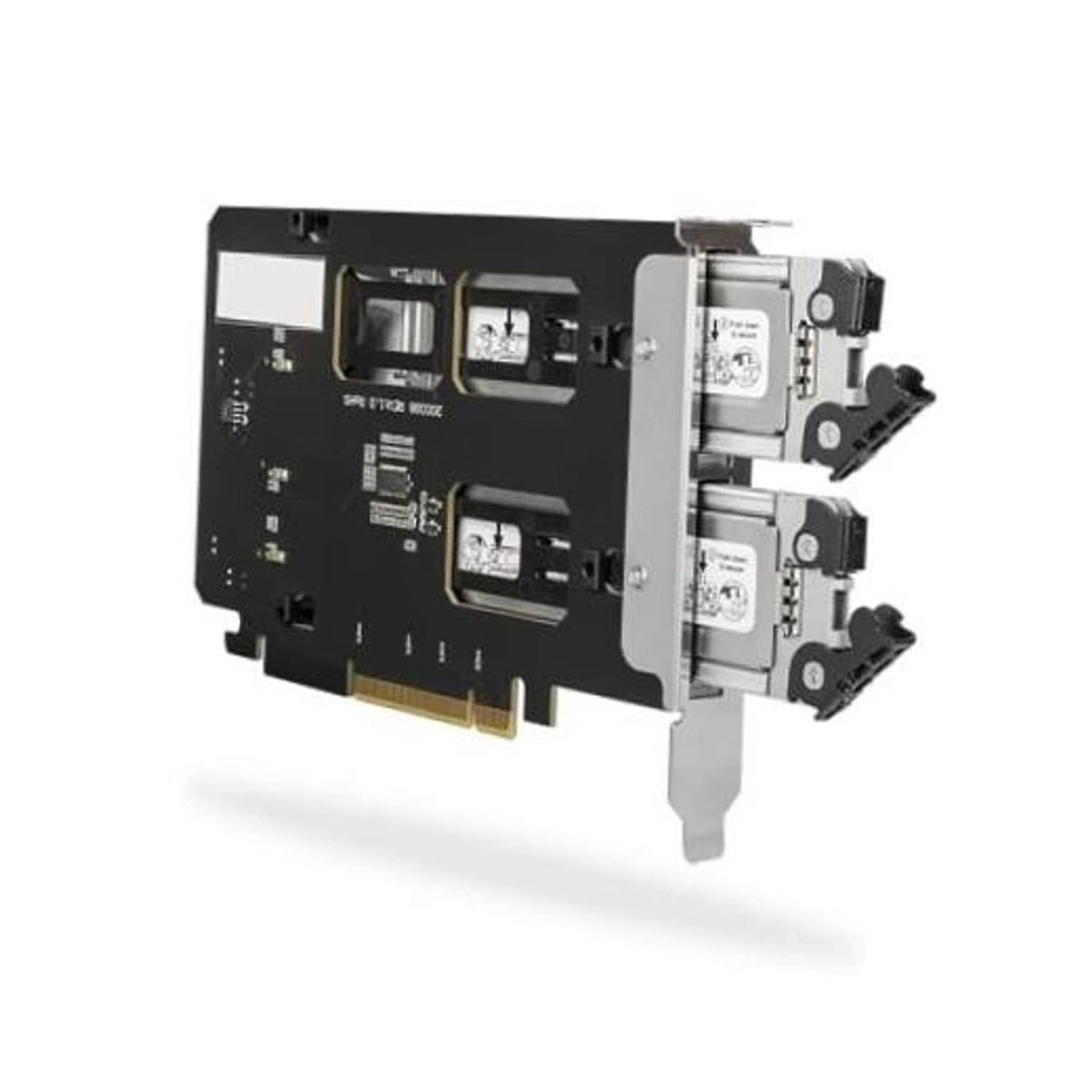Dual M.2 NVMe to PCIe adapter with two removable bays, bracket, and connectors.