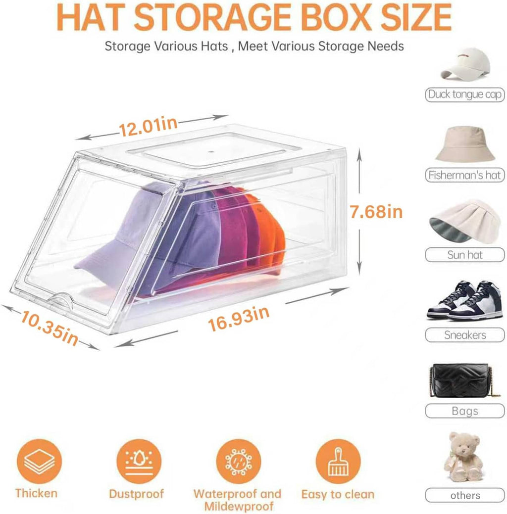 Transparent hat storage box set showing baseball caps in stacked compartments