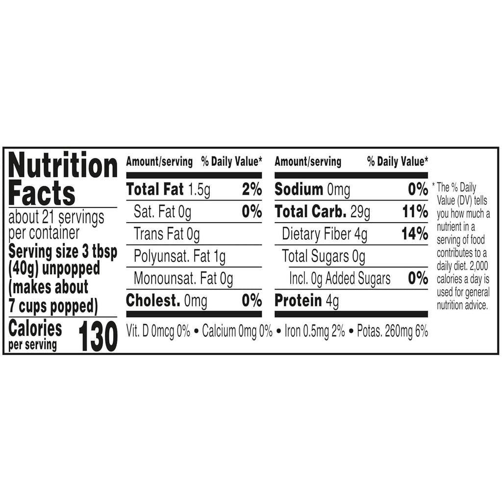 Nutrition Facts panel: white corn popcorn kernels, dietary fiber 4g per serving