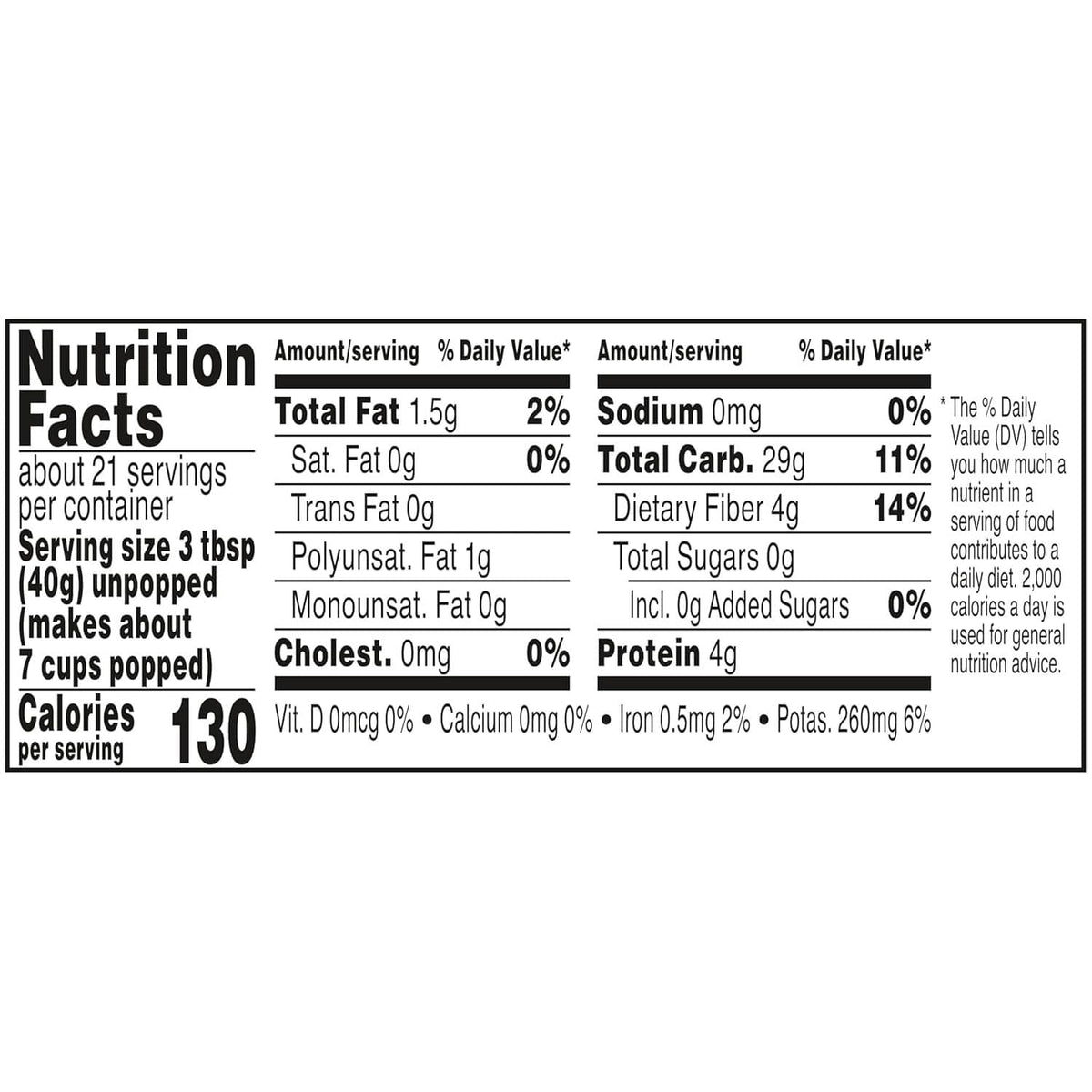 Nutrition Facts panel: white corn popcorn kernels, dietary fiber 4g per serving
