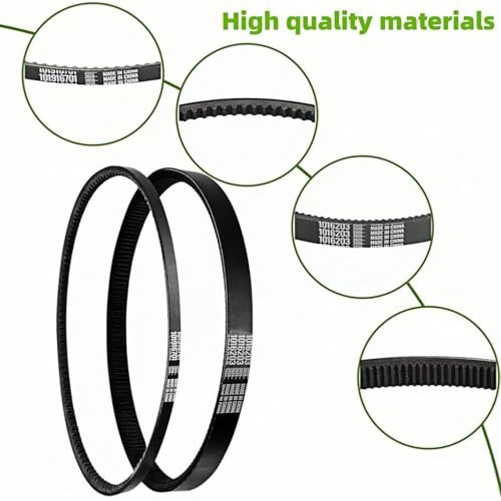 Two black ribbed belts with part-number text and toothed edge detail