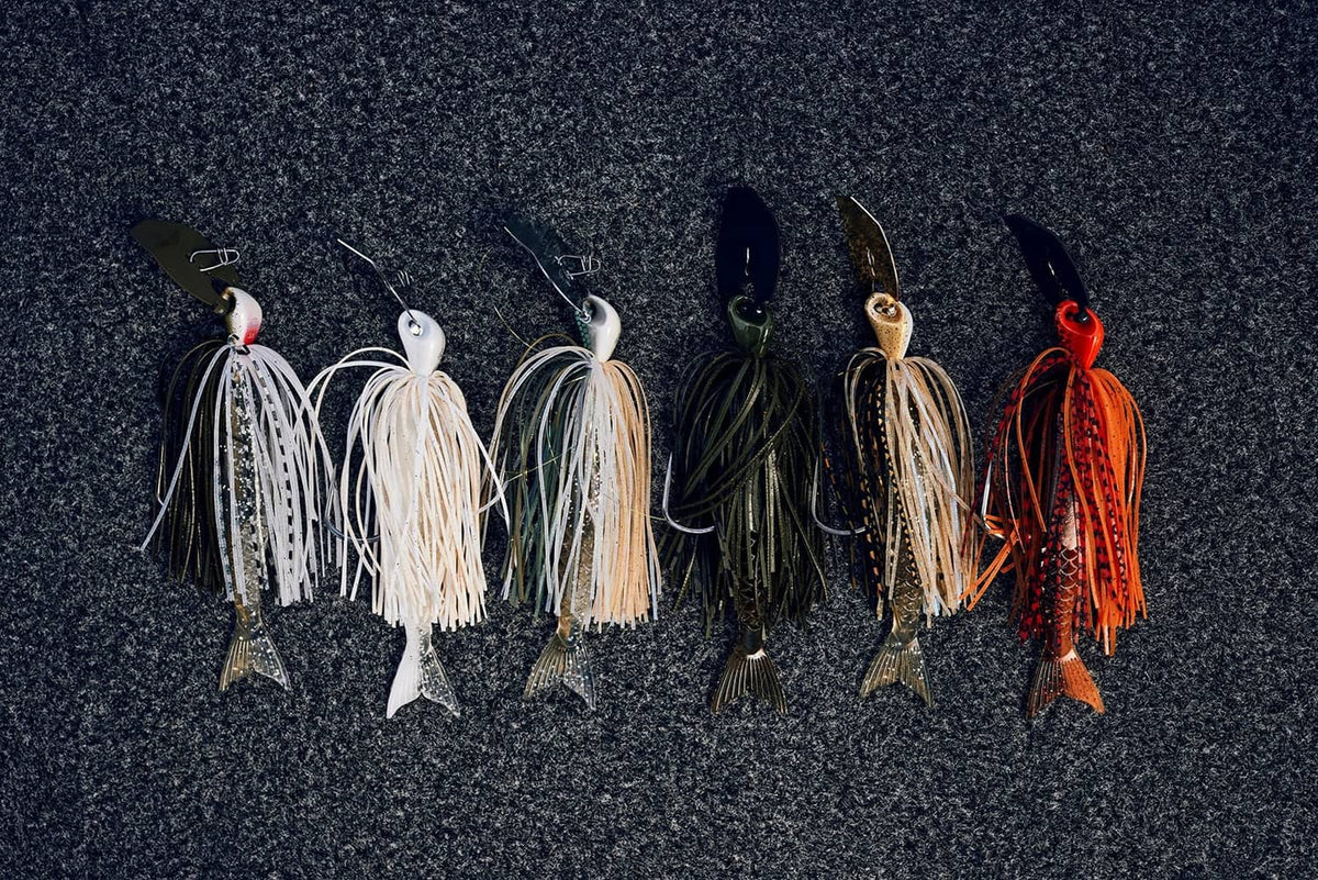 Assorted bladed jig lures with metal blades and hooks in mixed colors
