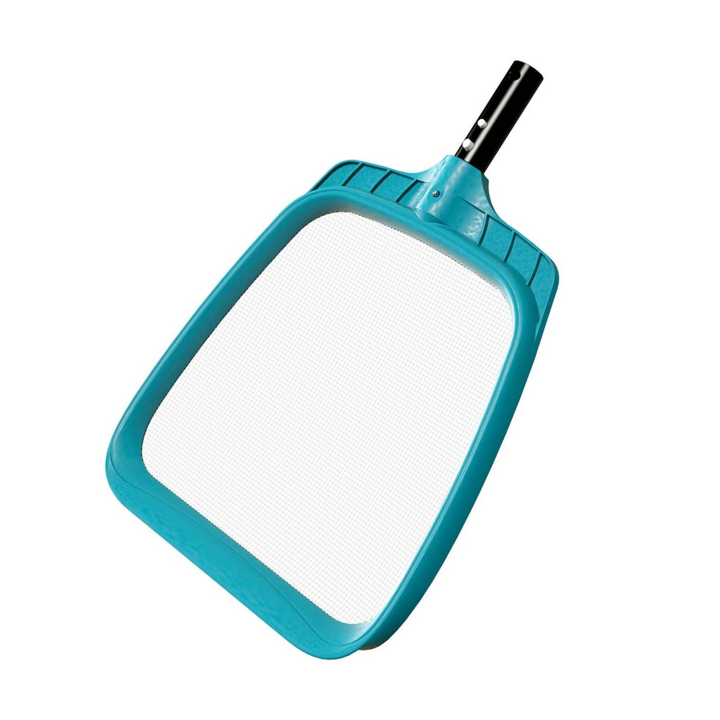 Teal pool leaf skimmer net with white mesh and gray pole connector