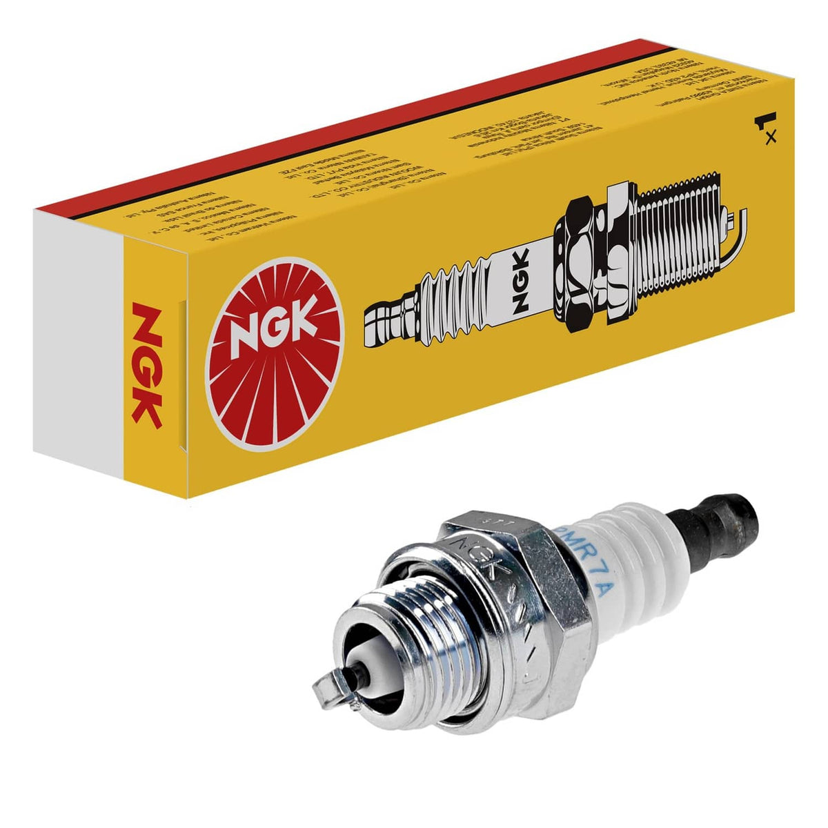 NGK standard spark plug with metal hex and black insulator, with yellow retail box