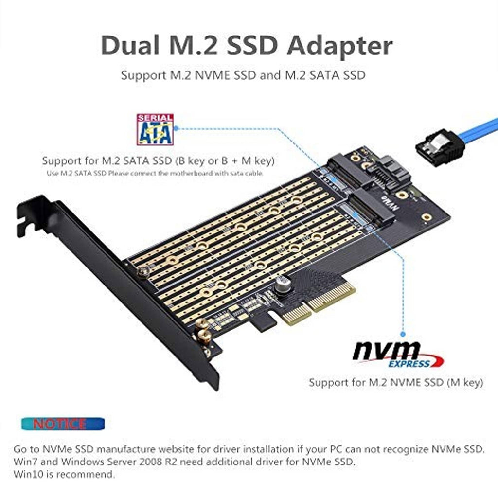 Dual M.2 SSD adapter card with PCIe bracket, M.2 slot, and connector cable