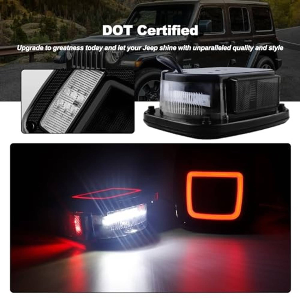 Square smoked tail light with white LED strip and red halo glow