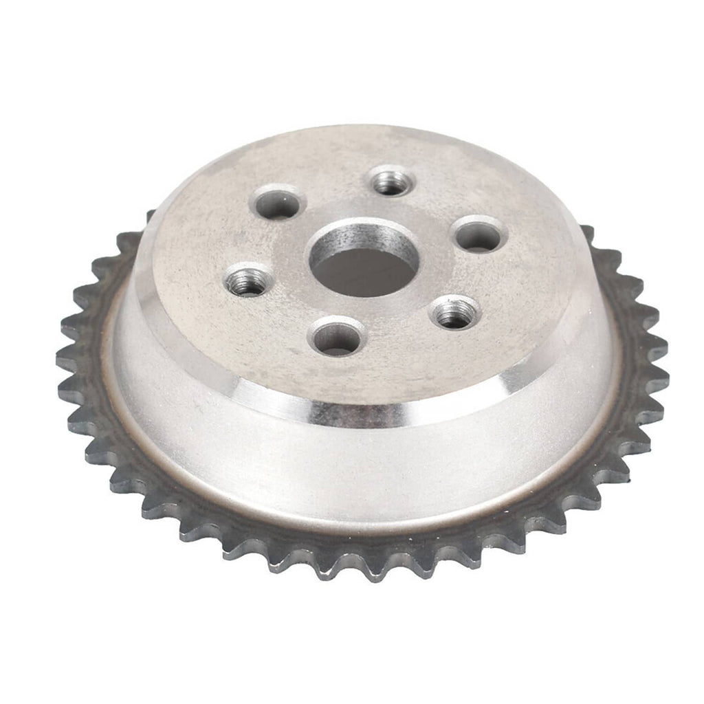 Metal timing gear sprocket with mounting holes and teeth, silver finish.