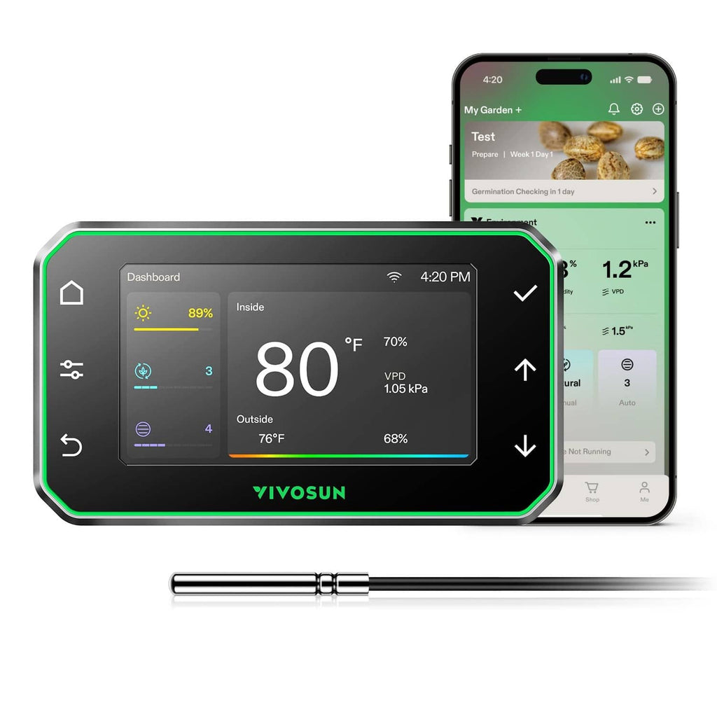 Black smart grow tent controller with color touchscreen display and app preview
