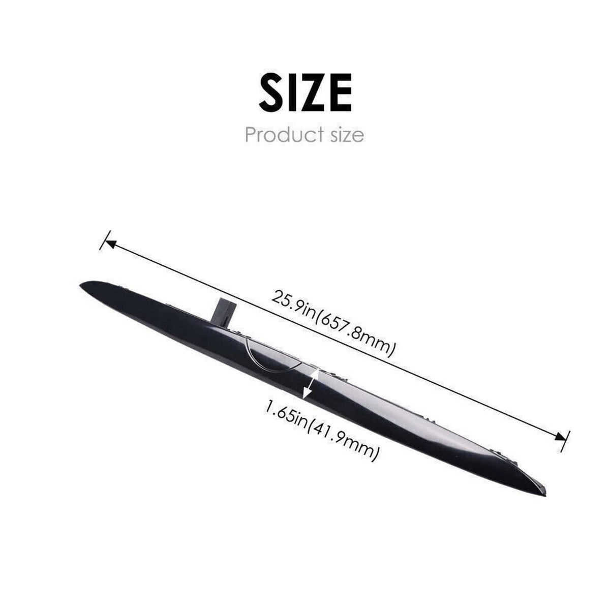 Black tailgate grip handle trim with printed dimension markers (side profile)