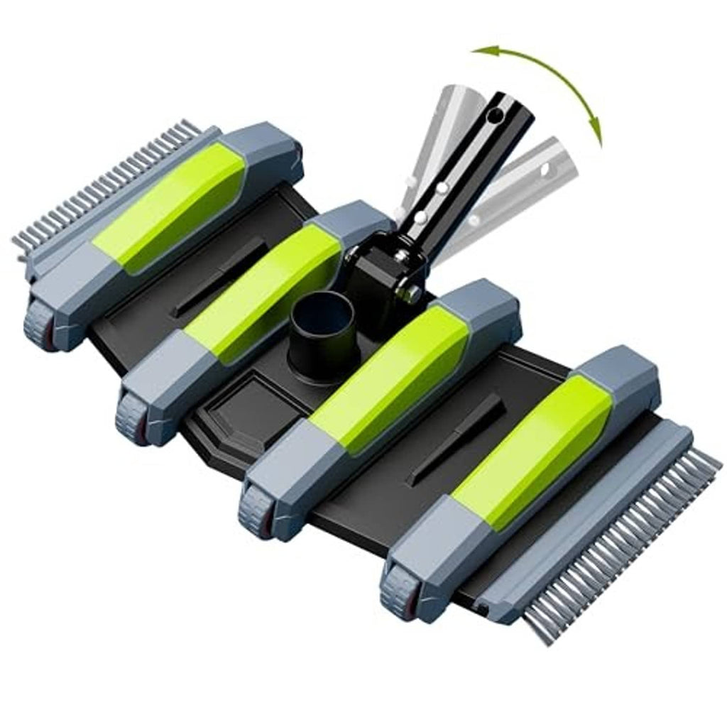 Pool vacuum head with wheels and side brushes, lime-green accents on a black base.