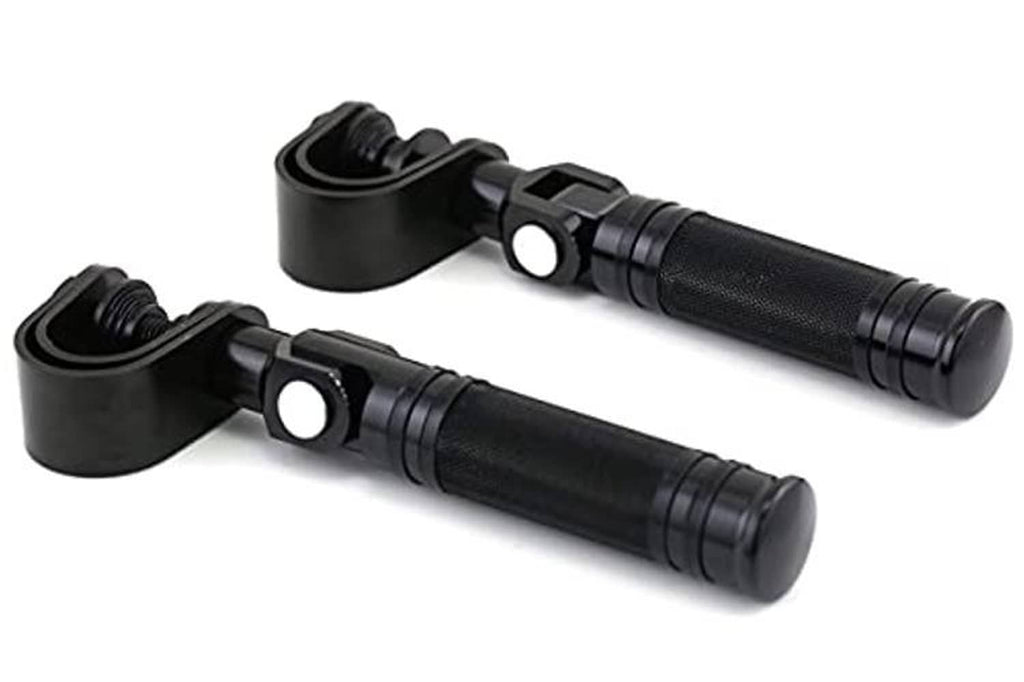Pair of foldable motorcycle highway pegs with textured rubber grip and clamp base