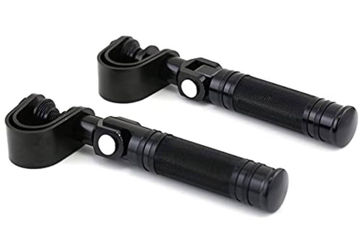 Pair of foldable motorcycle highway pegs with textured rubber grip and clamp base