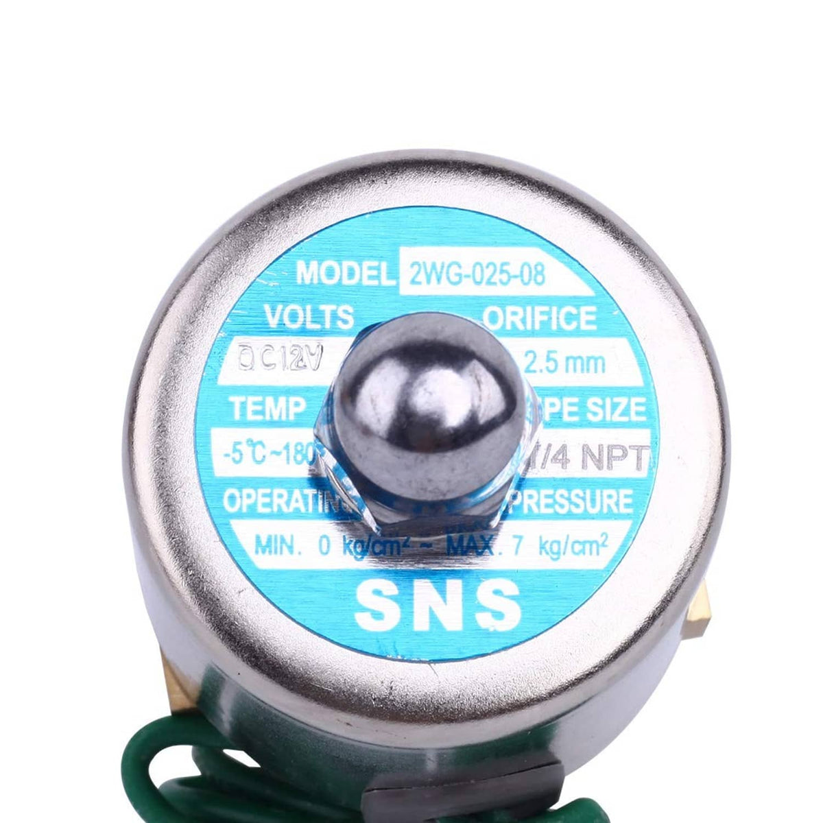 Metal solenoid valve top with blue specification label and wiring lead