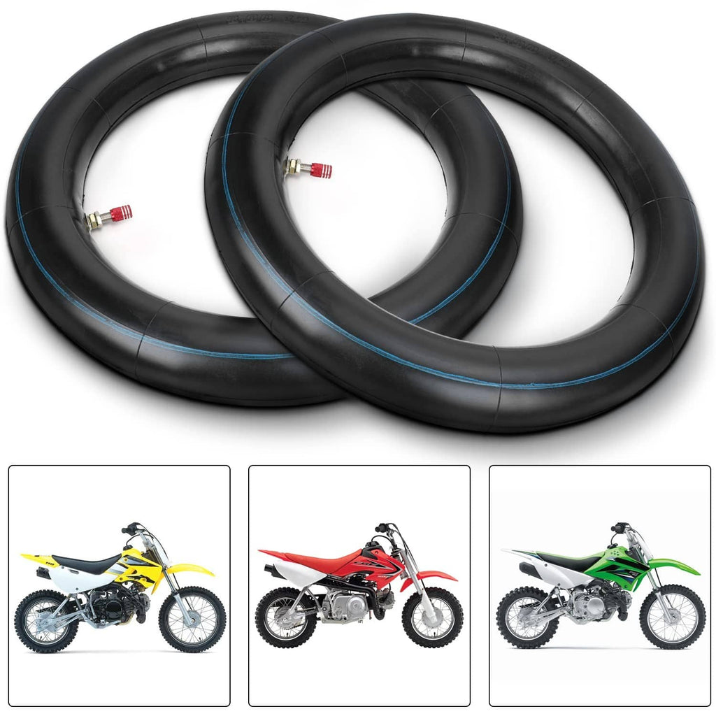 Pair of black dirt bike inner tubes with blue stripe and metal valve stems