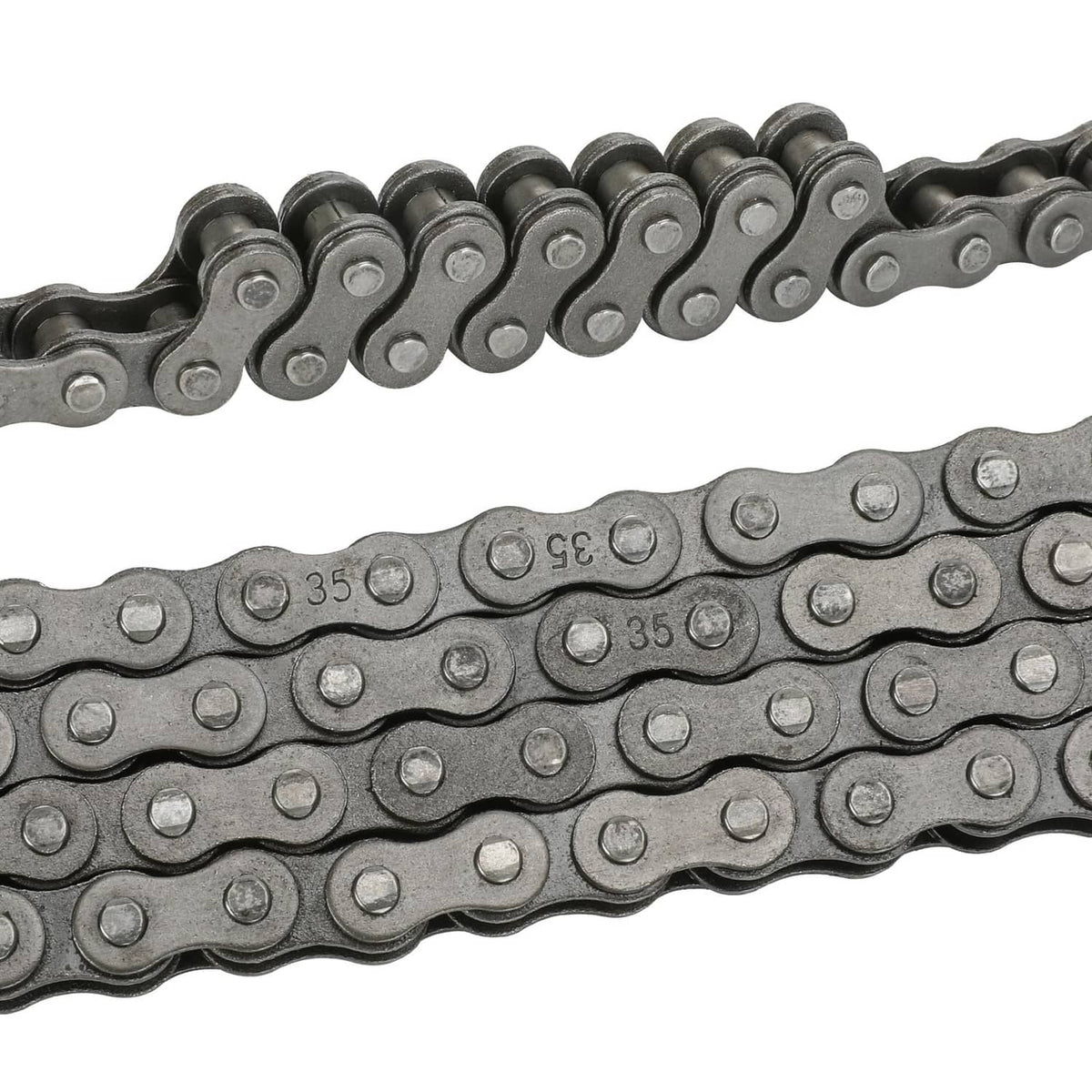 Close-up of #35 roller chain with stamped link plates and connecting pins