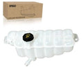 White engine coolant overflow reservoir tank with black cap, side view with mounting tabs