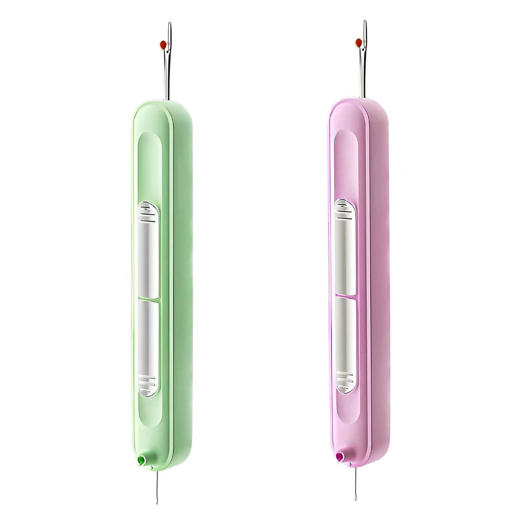 2-in-1 needle threader and seam ripper, green and purple handheld tools with red pin tips
