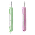 2-in-1 needle threader and seam ripper, green and purple handheld tools with red pin tips