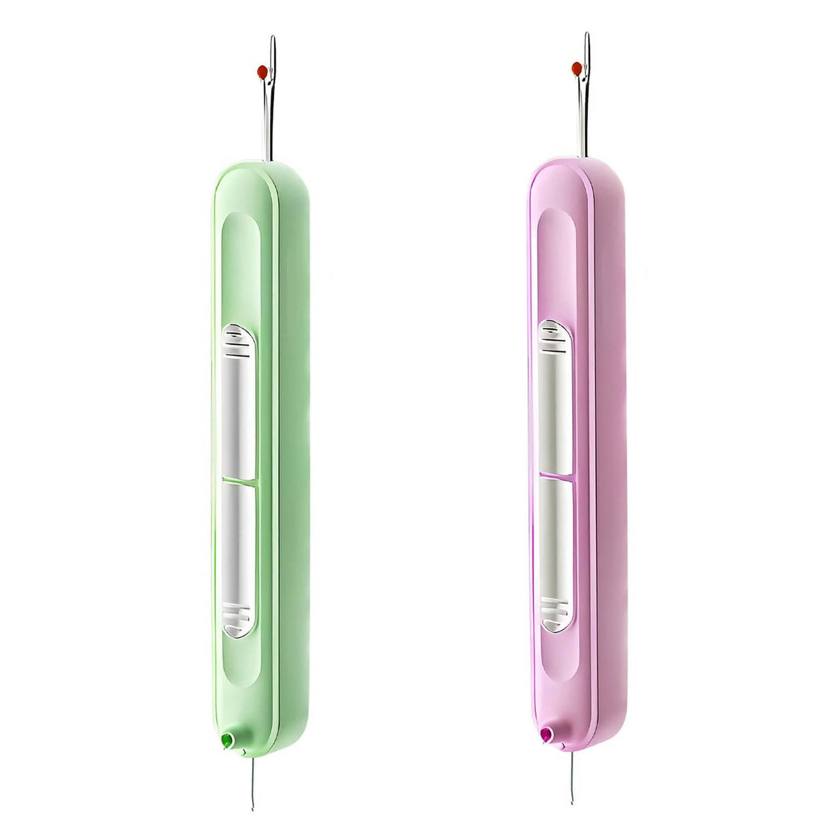 2-in-1 needle threader and seam ripper, green and purple handheld tools with red pin tips