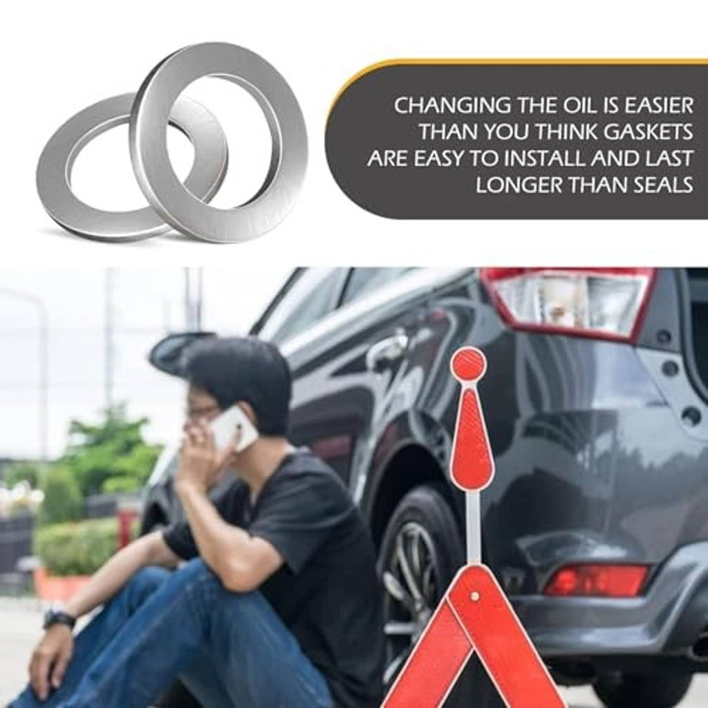Silver crush washer gasket pair with install-focused banner and red warning icon