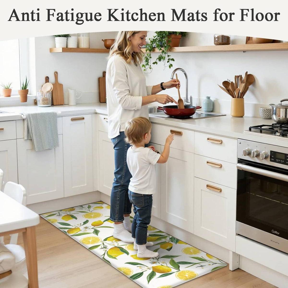 Lemon-pattern kitchen mats set on the floor beneath a kitchen counter