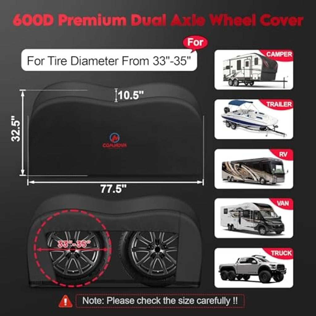 Black dual-axle RV tire cover with contoured profile and measurement-style graphic