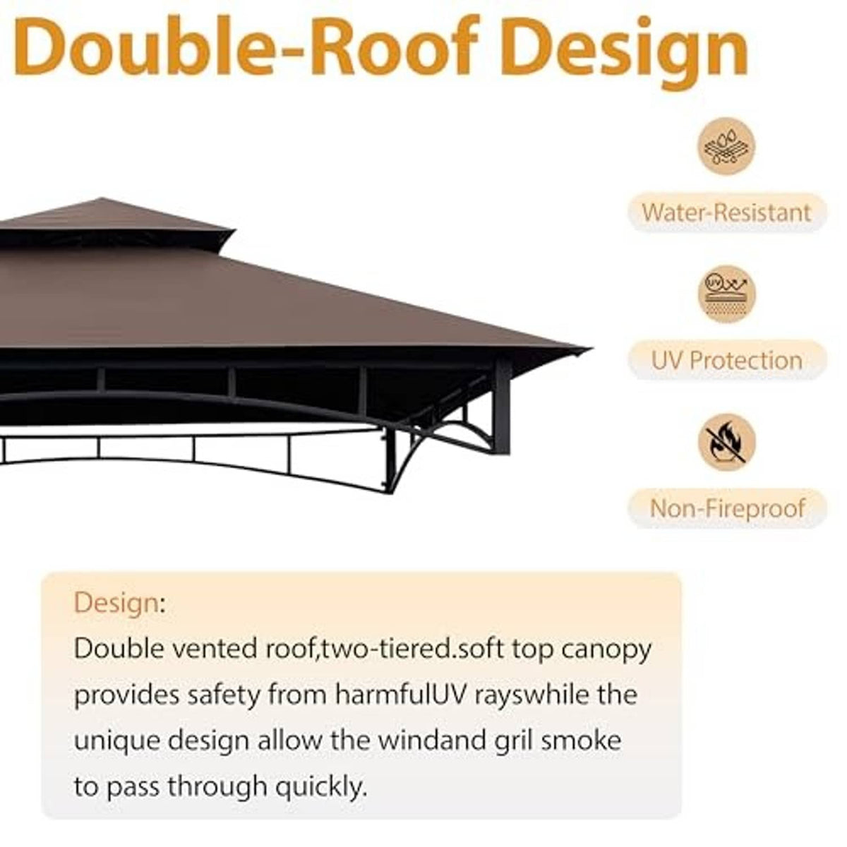 Brown double-roof gazebo BBQ canopy top with water-resistant UV protection