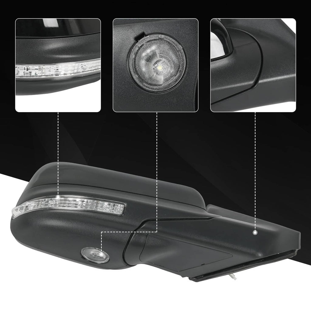 Black side mirror housing with integrated turn-light lens and round reflector