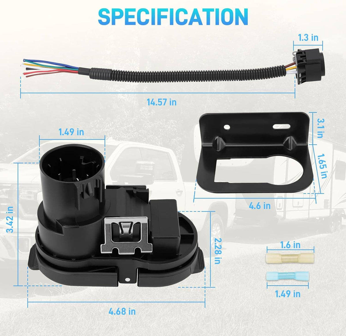 Trailer wiring harness connector assembly with bracket and measurement dimensions
