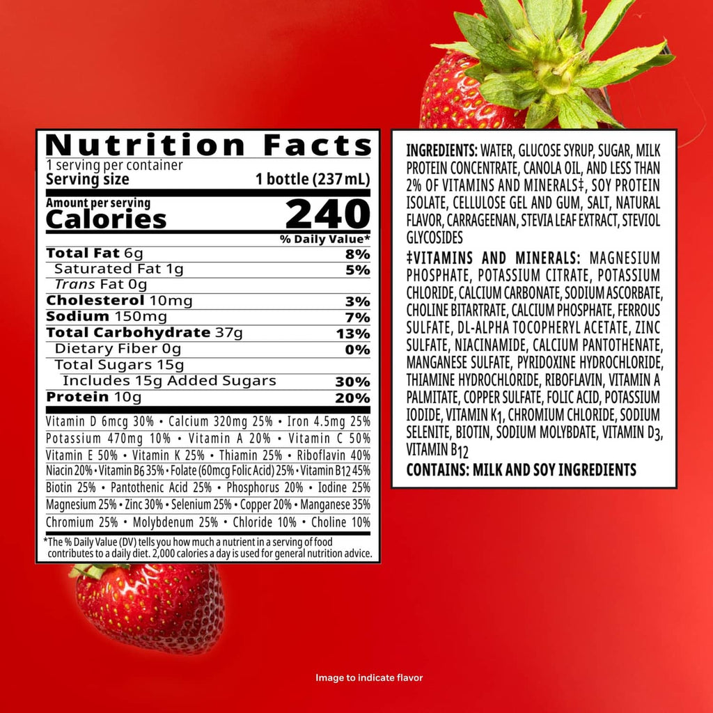 Back label nutrition facts and ingredients panel on a ready-to-drink nutritional bottle