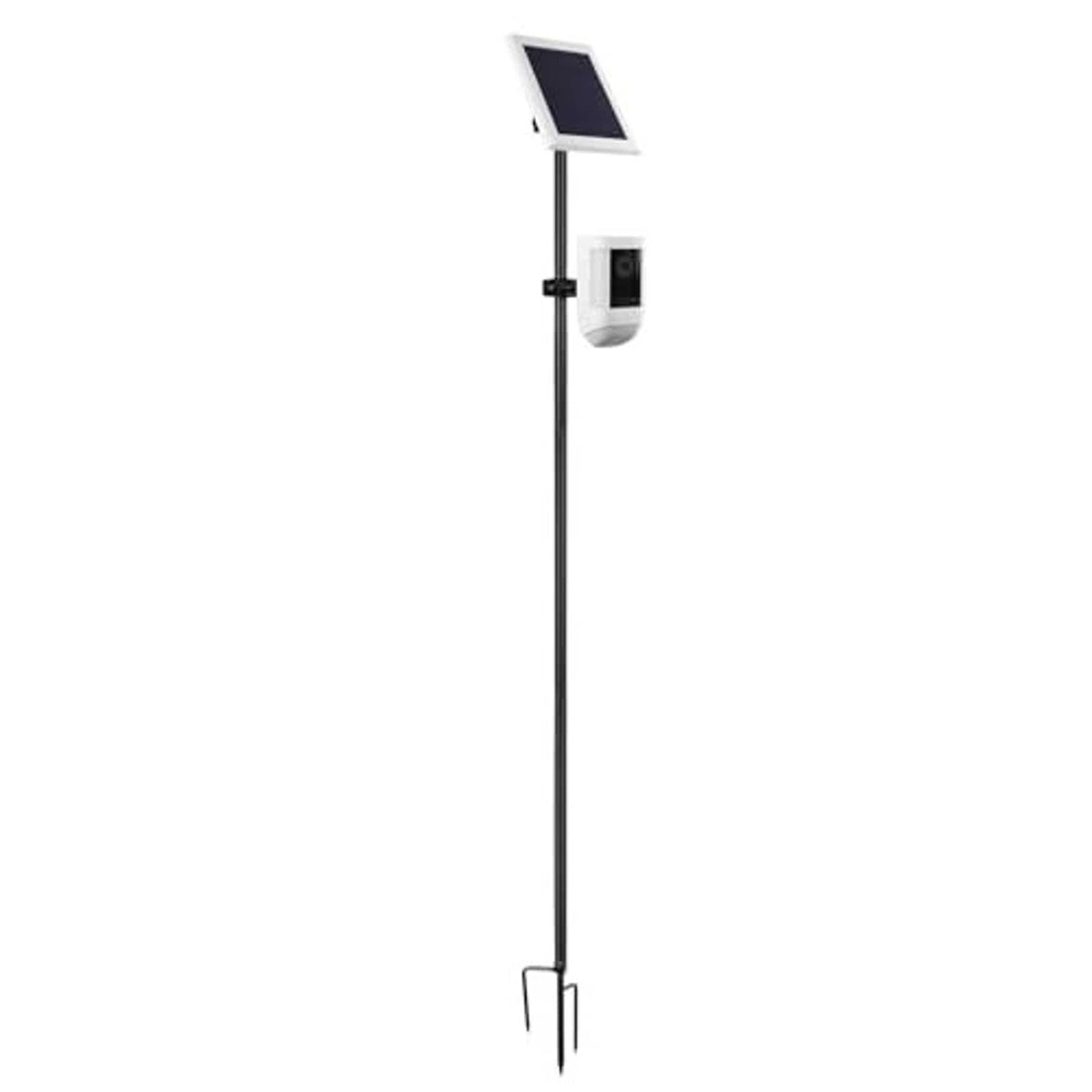 Ground stake solar panel mount stand with black pole, solar panel holder, and sensor mount