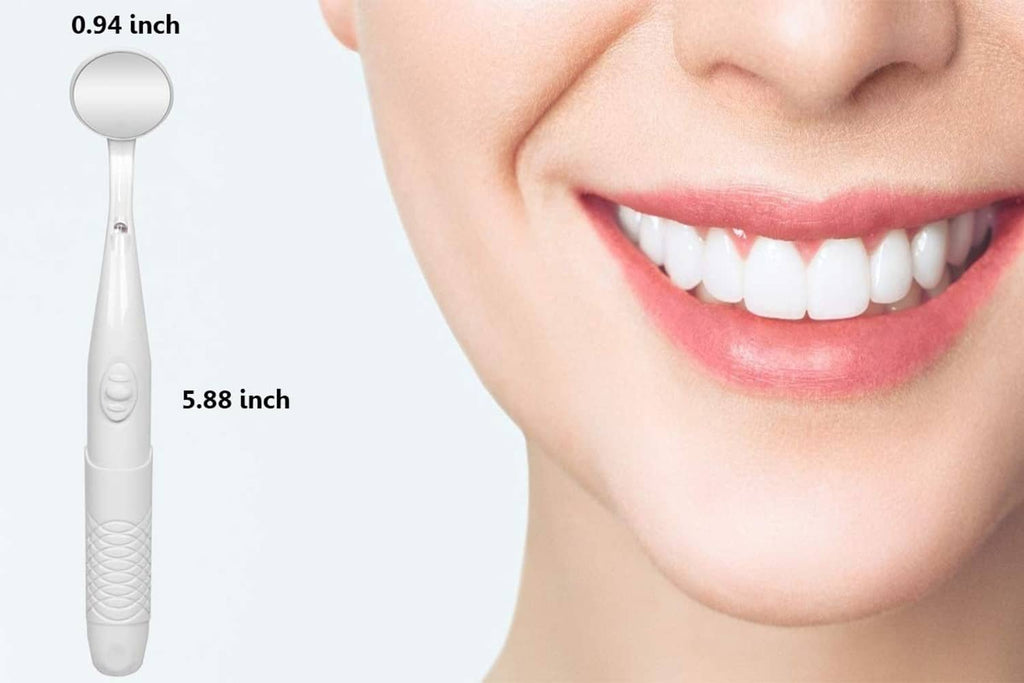 Compact handheld dental mirror with LED light, white handle and round mirror head