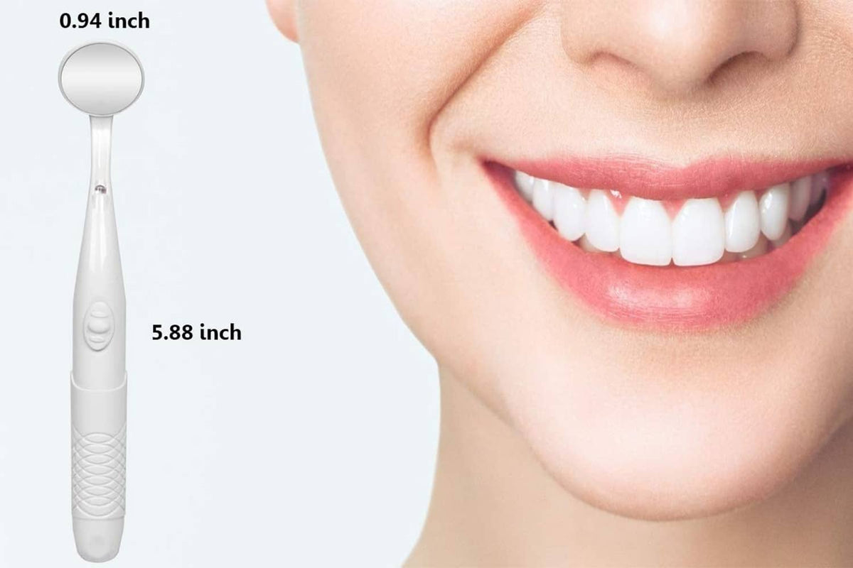 Compact handheld dental mirror with LED light, white handle and round mirror head