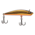 Gold and black fishing minnow lure with two treble hooks