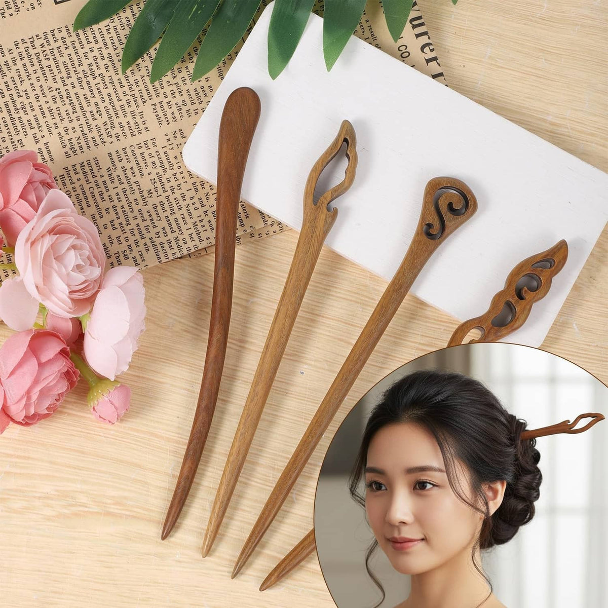 Pack of 4 brown wooden hair sticks with spiral cutouts beside a model updo