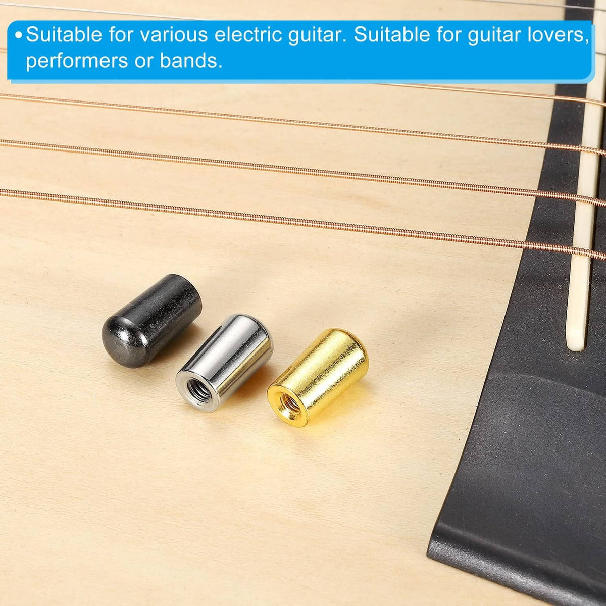 Set of 3 metal guitar toggle knob caps: black, silver, and gold threaded ends