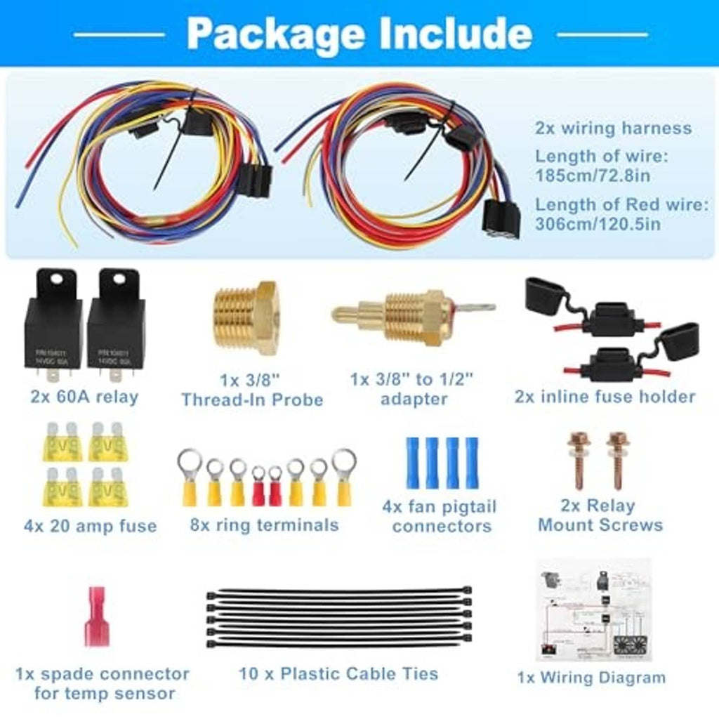 Package contents: dual relays, wiring harness, temperature probes, fuses, ring terminals, ties