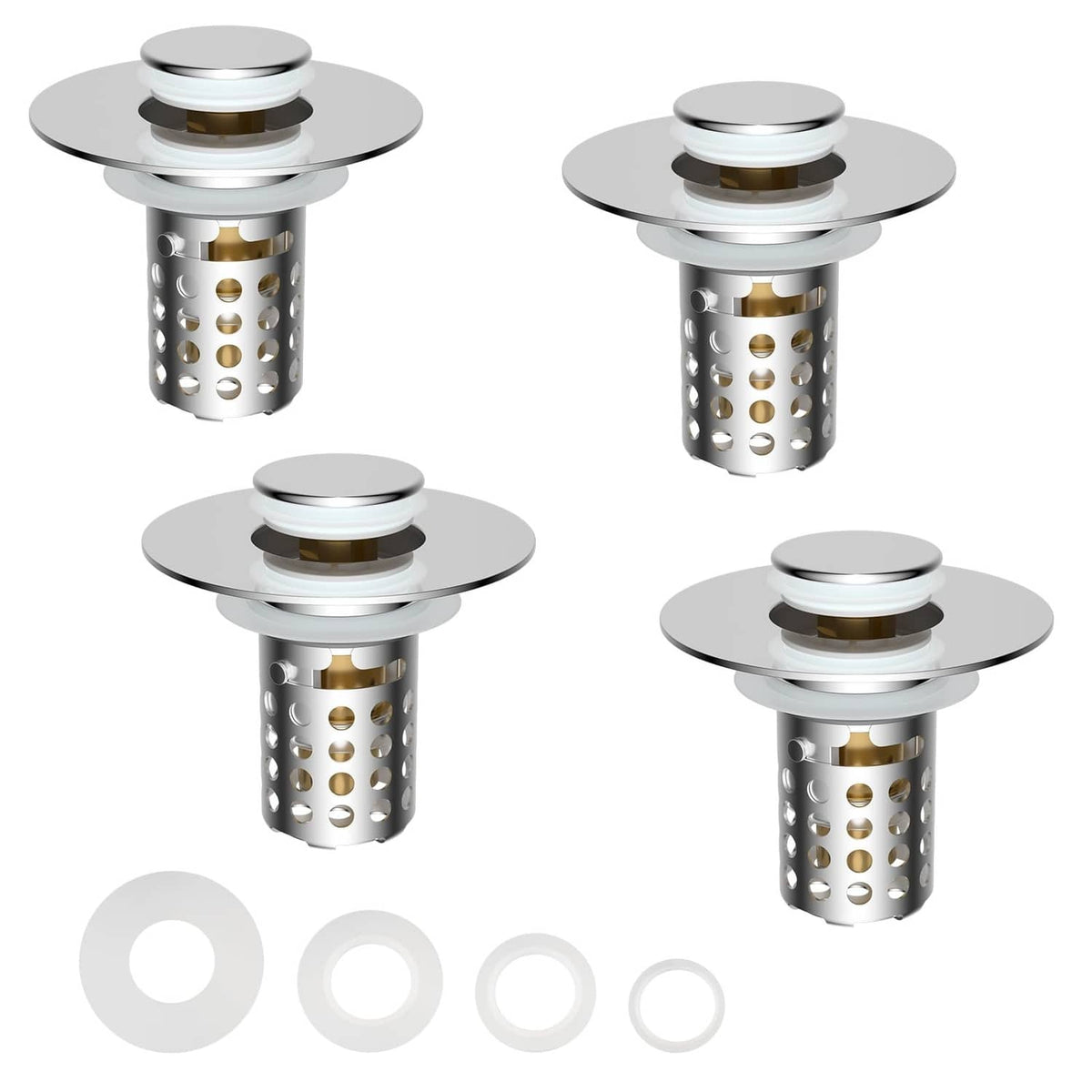 Chrome sink drain hair catcher set with perforated baskets and removable rings (4 pcs)