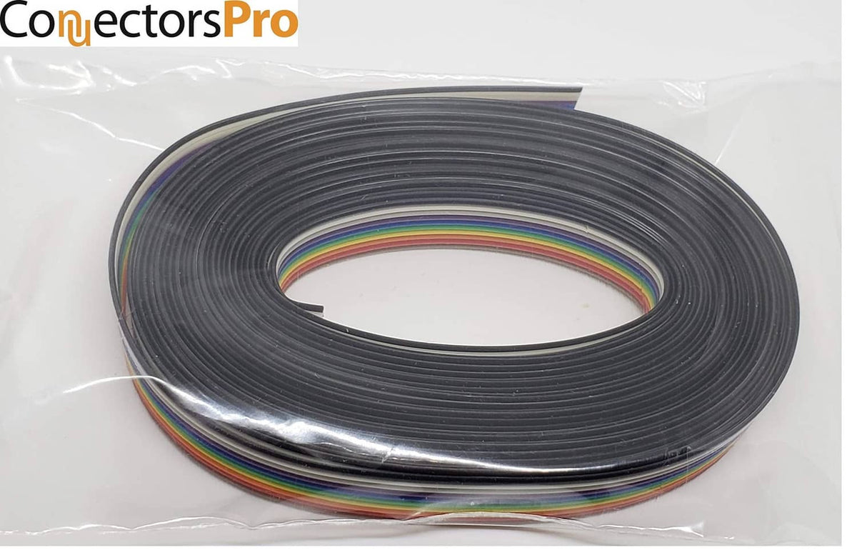 Rainbow flat ribbon IDC connector cable roll in clear bag, black core visible
