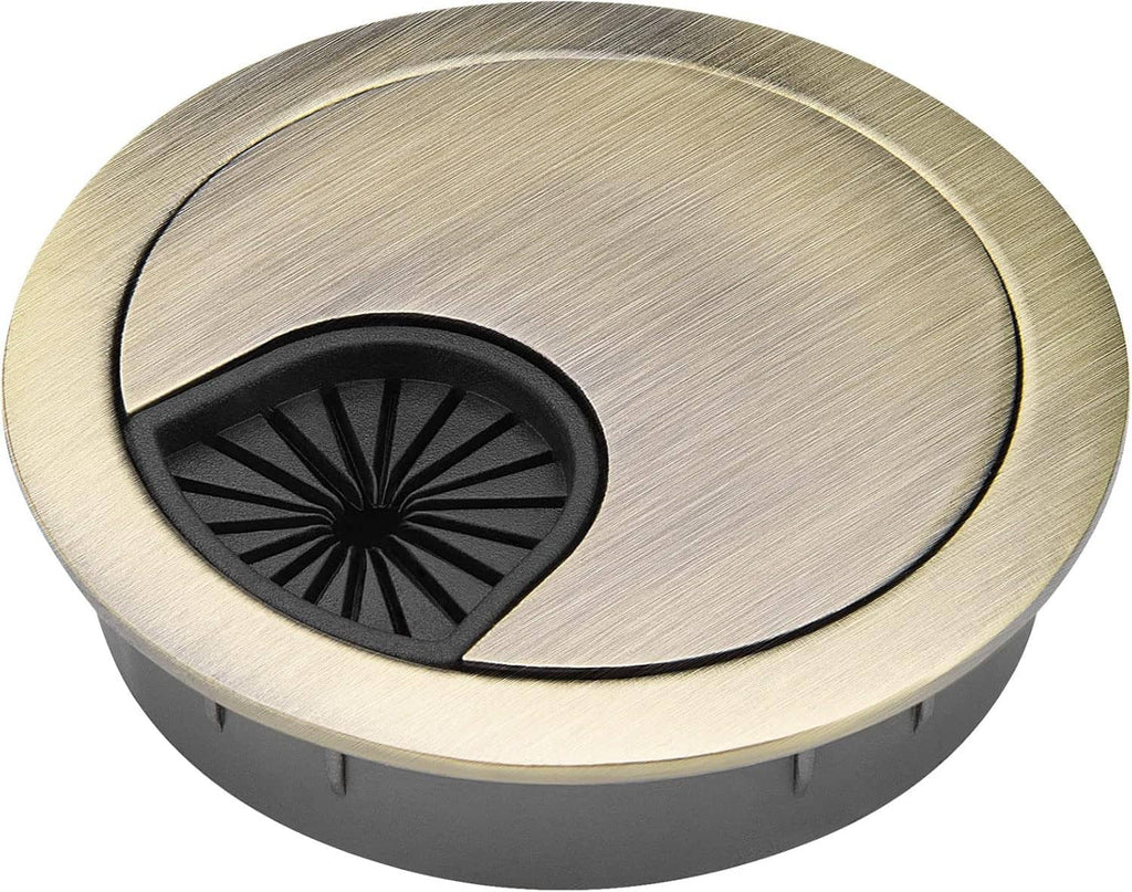 Brushed bronze metal desk wire grommet with black fan insert and outer rim, round 2 inch