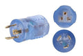 Blue twist-lock male plug with three flat blades and matching receptacle parts