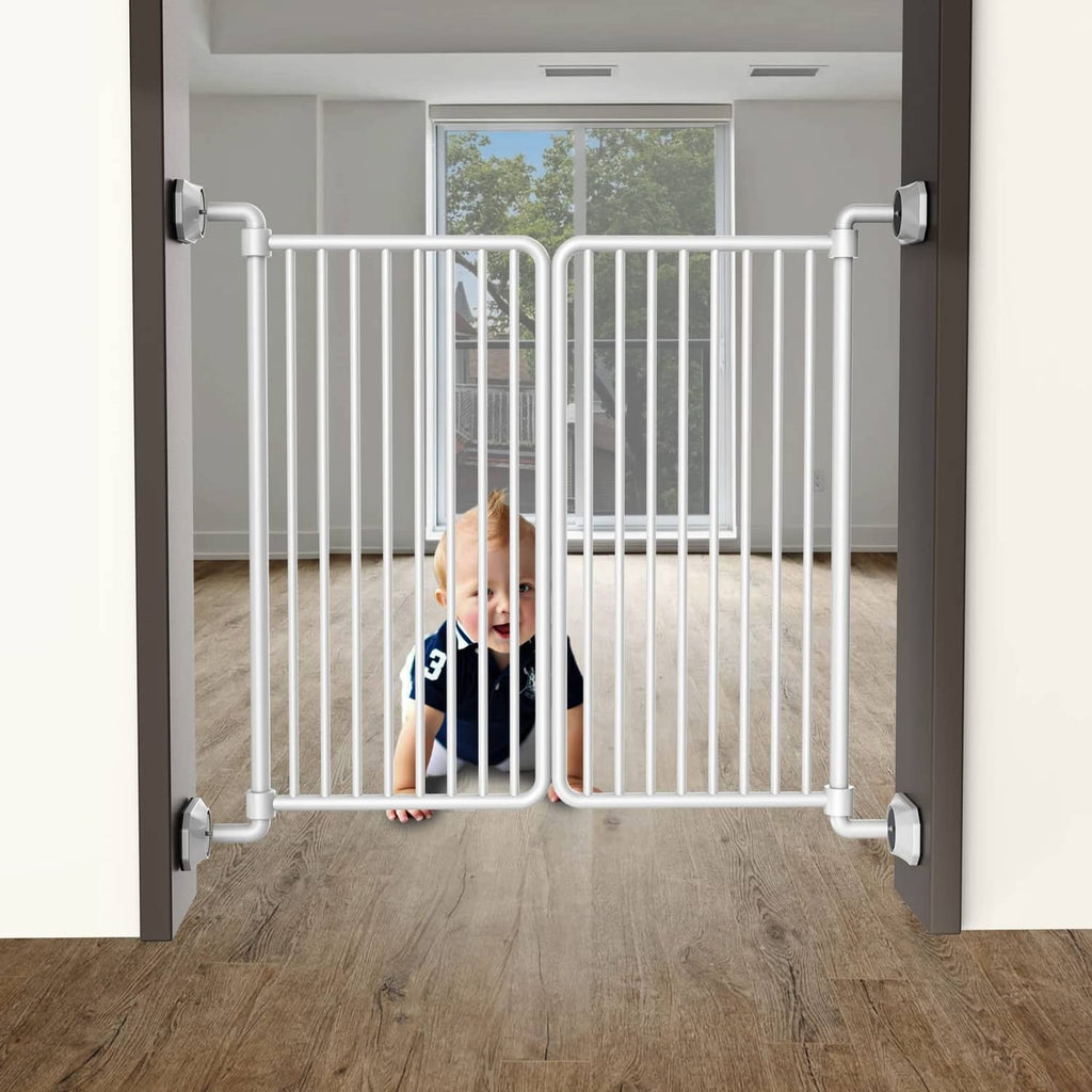 Baby gate with wall protector brackets on both sides of doorway, white posts
